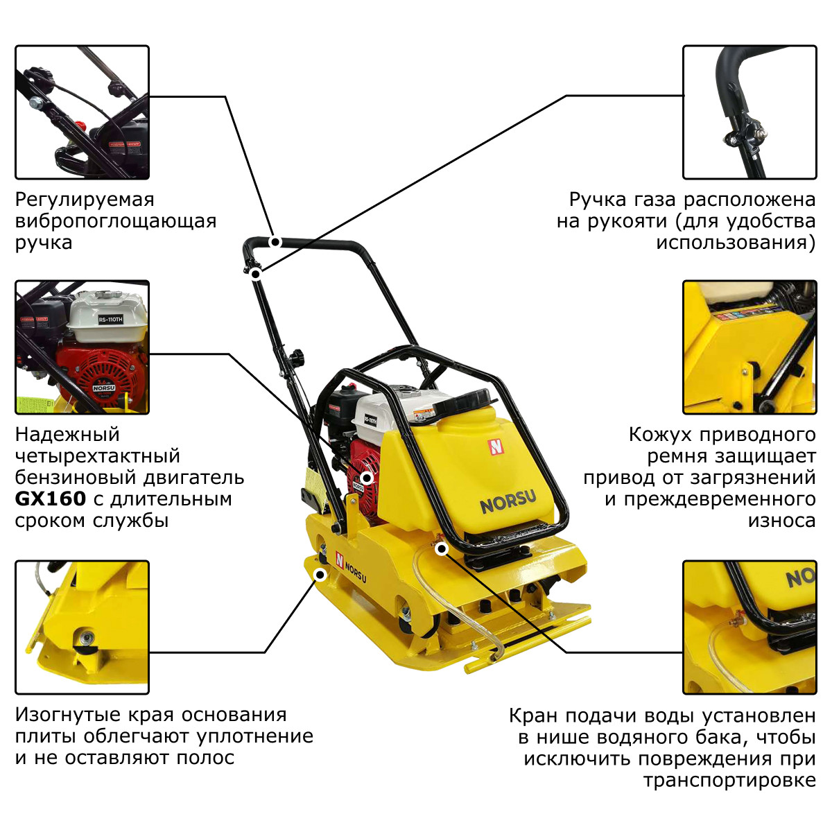 9 - Виброплита бензиновая прямоходная (колесный комплект, бак для воды) NORSU RF-110TH