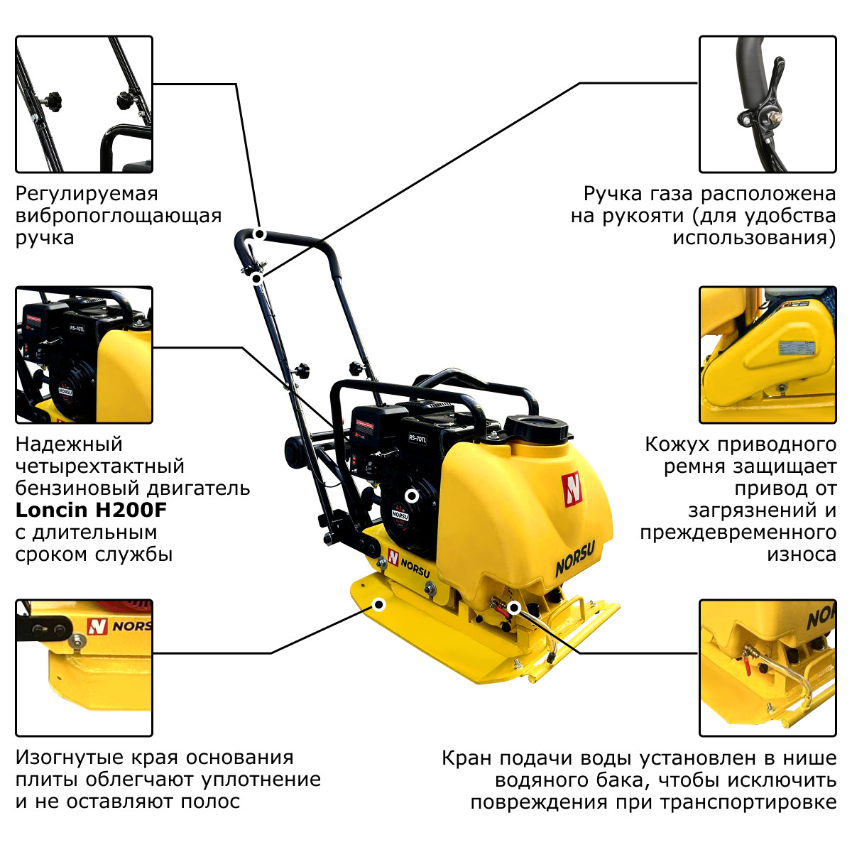 Виброплита бензиновая прямоходная (колесный комплект, бак для воды) NORSU RF-70TL - 4
