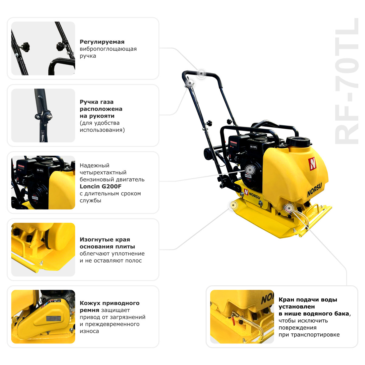 4 - Виброплита бензиновая прямоходная (колесный комплект, бак для воды) NORSU RF-70TL
