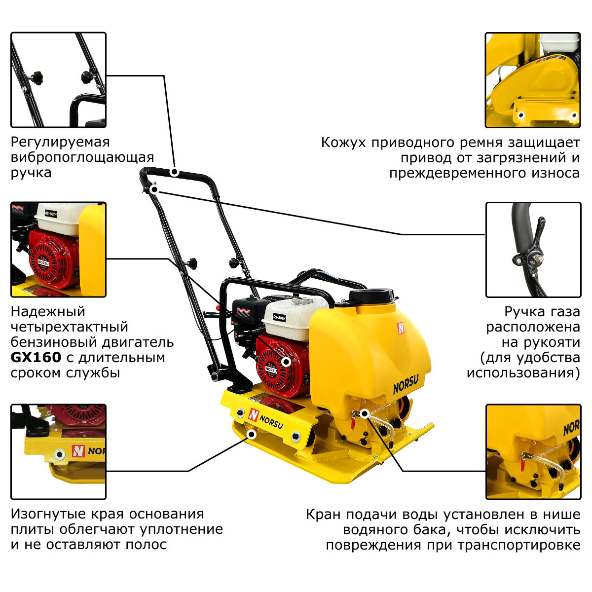 Виброплита бензиновая прямоходная (колесный комплект, бак для воды) NORSU RF-80TH - 7