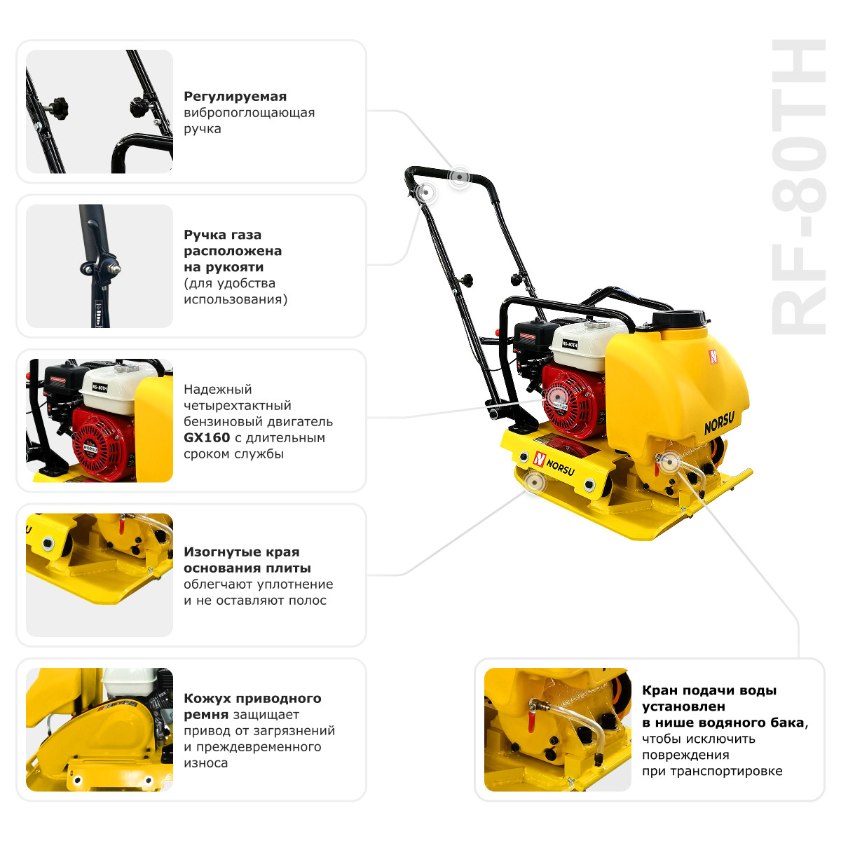 7 - Виброплита бензиновая прямоходная (колесный комплект, бак для воды) NORSU RF-80TH