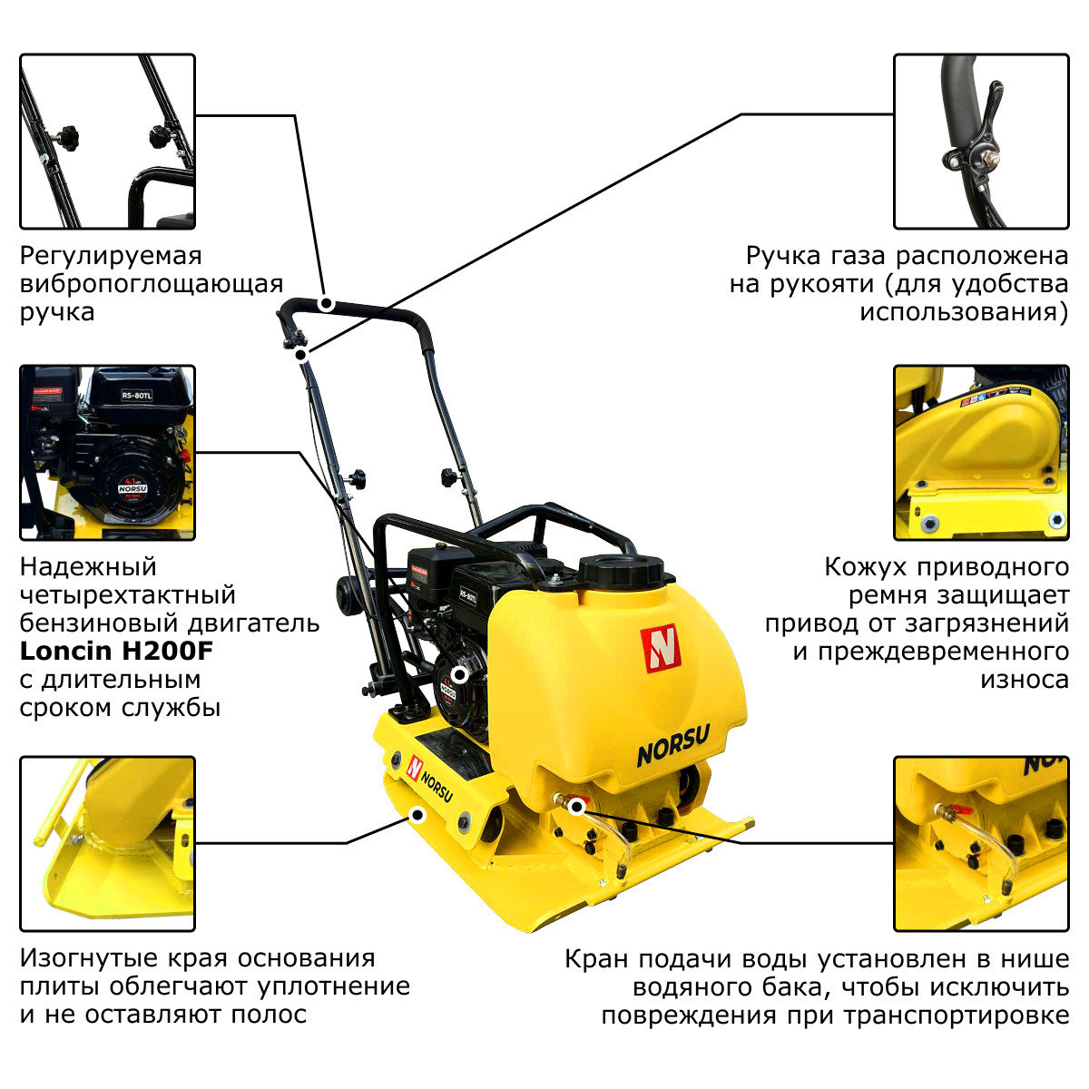 5 - Виброплита бензиновая прямоходная (колесный комплект, бак для воды) NORSU RF-80TL