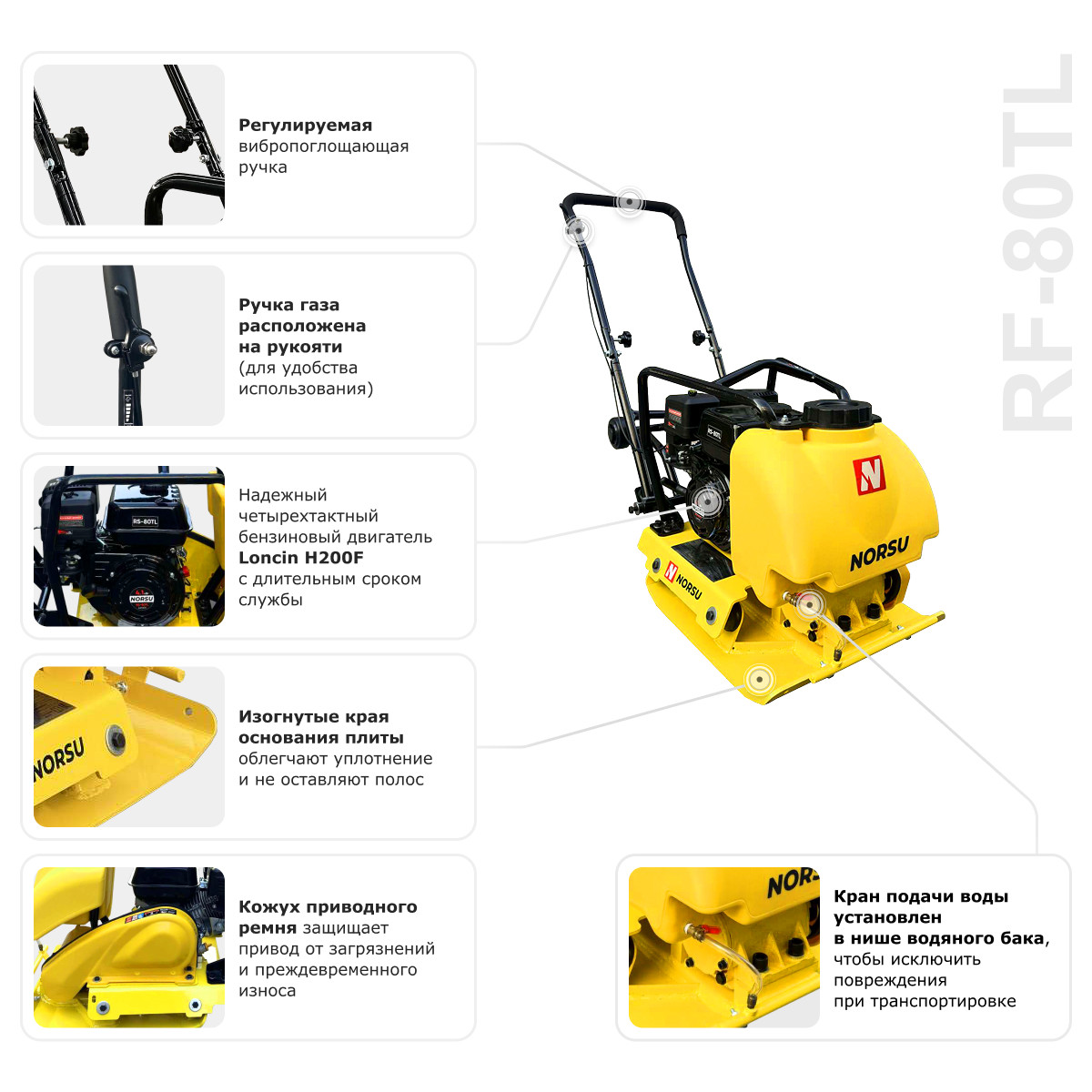 Виброплита бензиновая прямоходная (колесный комплект, бак для воды) NORSU RF-80TL - 5