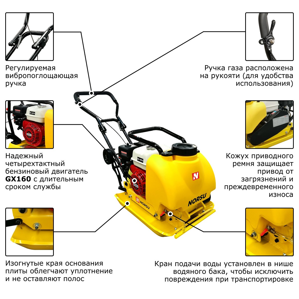 8 - Виброплита бензиновая прямоходная (колесный комплект, бак для воды) NORSU RF-90TH