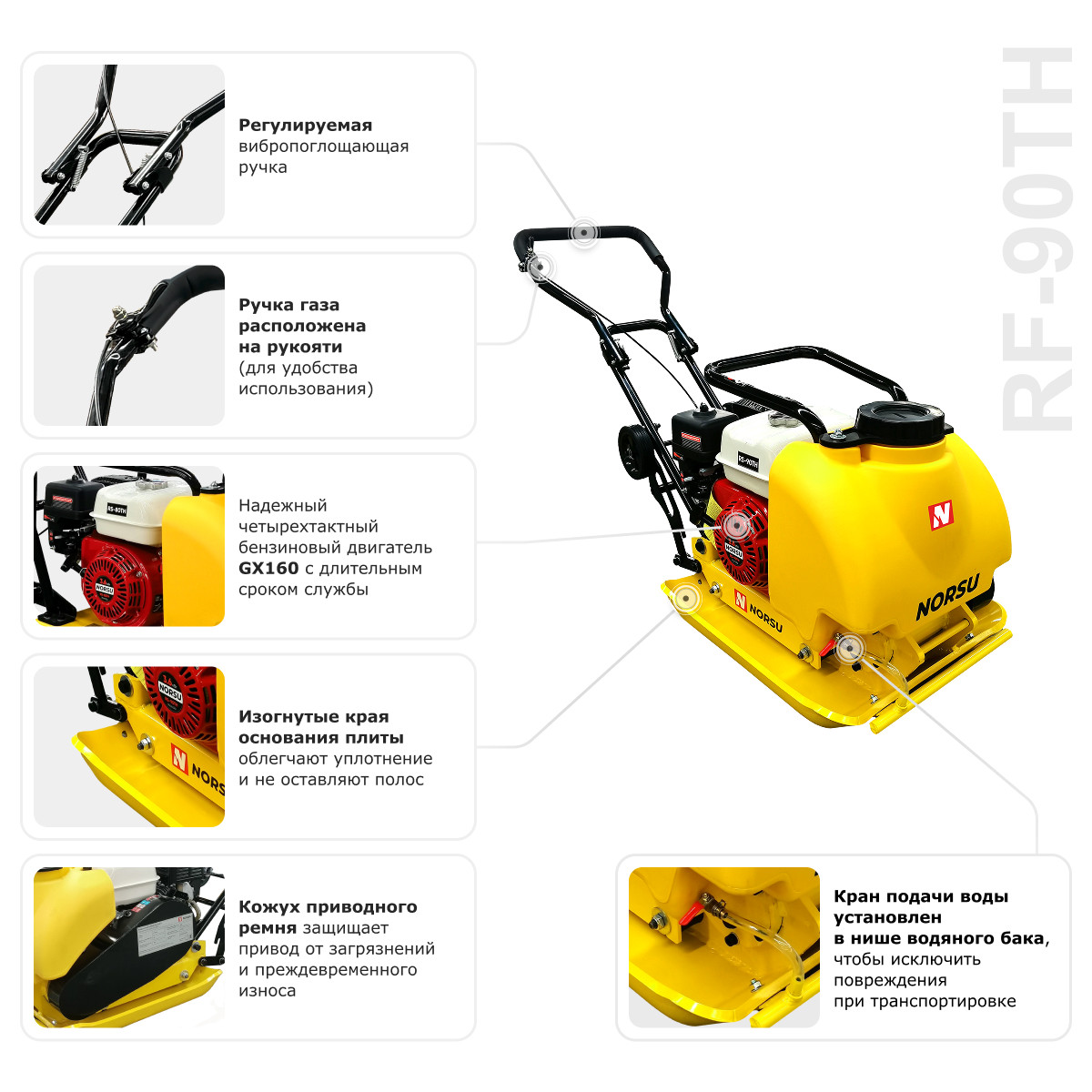 8 - Виброплита бензиновая прямоходная (колесный комплект, бак для воды) NORSU RF-90TH