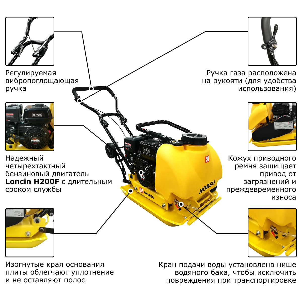 Виброплита бензиновая прямоходная (колесный комплект, бак для воды) NORSU RF-90TL - 8