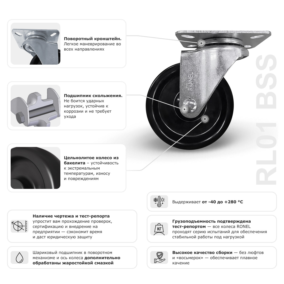 3 - Колесо термостойкое поворотное RONEL RL01 BSS 100