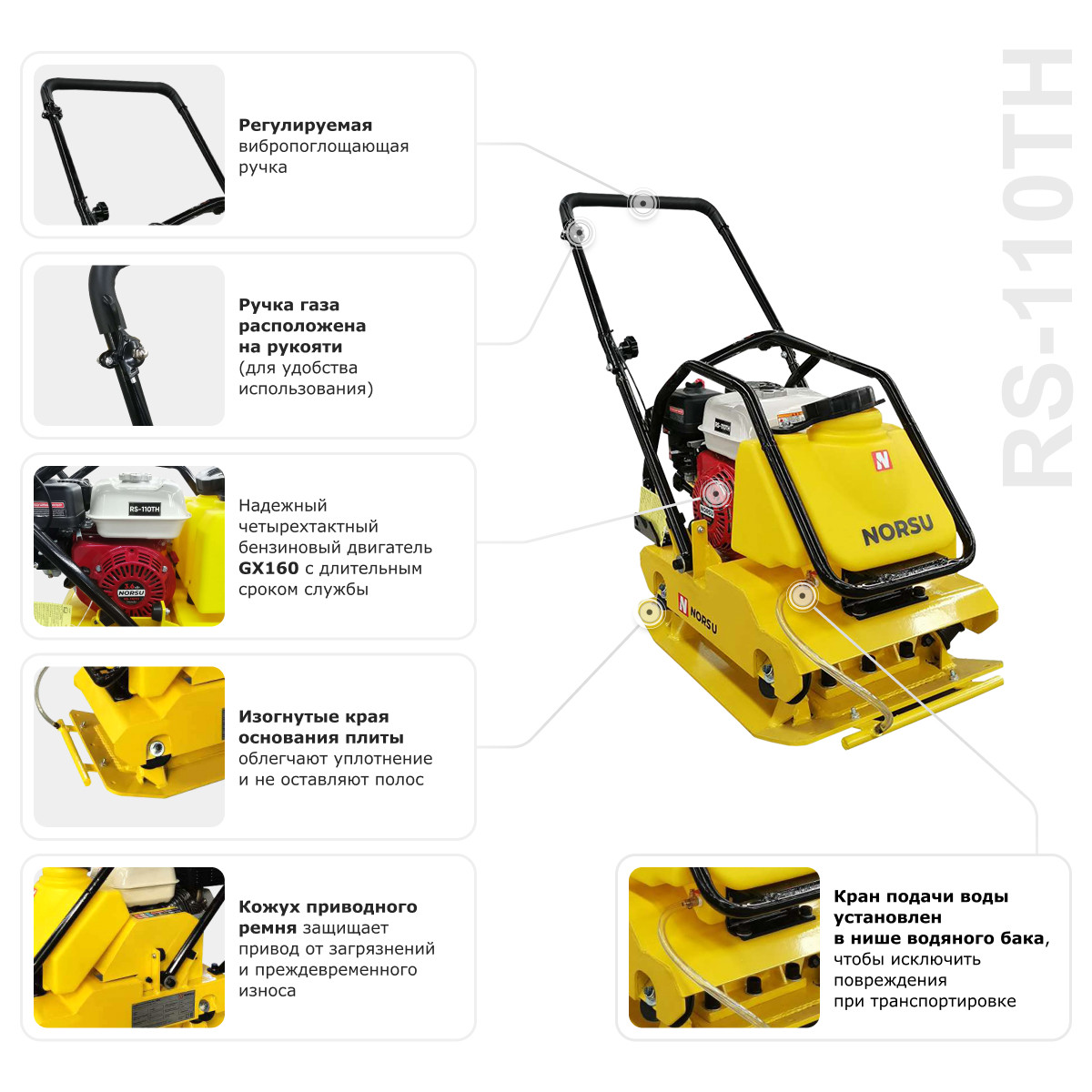 9 - Виброплита бензиновая прямоходная (колесный комплект, бак для воды) NORSU RS-110TH